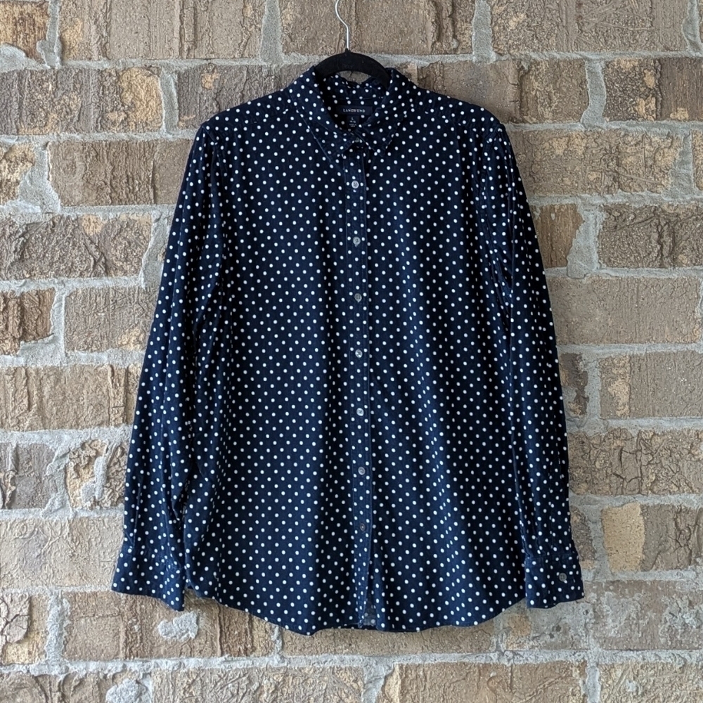 NWOT Lands' End Corduroy LS Button Front Shirt Navy Blue White Polka Dot Large